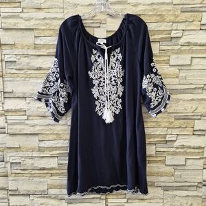 Chic Connection Dress Size L Navy Blue Boho Embroidered Tassel Peasant Style